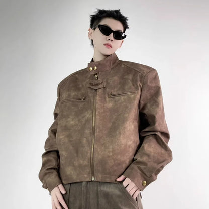 retro motorcycle pu leather jacket mens brown coffee short punk stand collar bomber coats spring high street racing suit new unique shorts style 3339