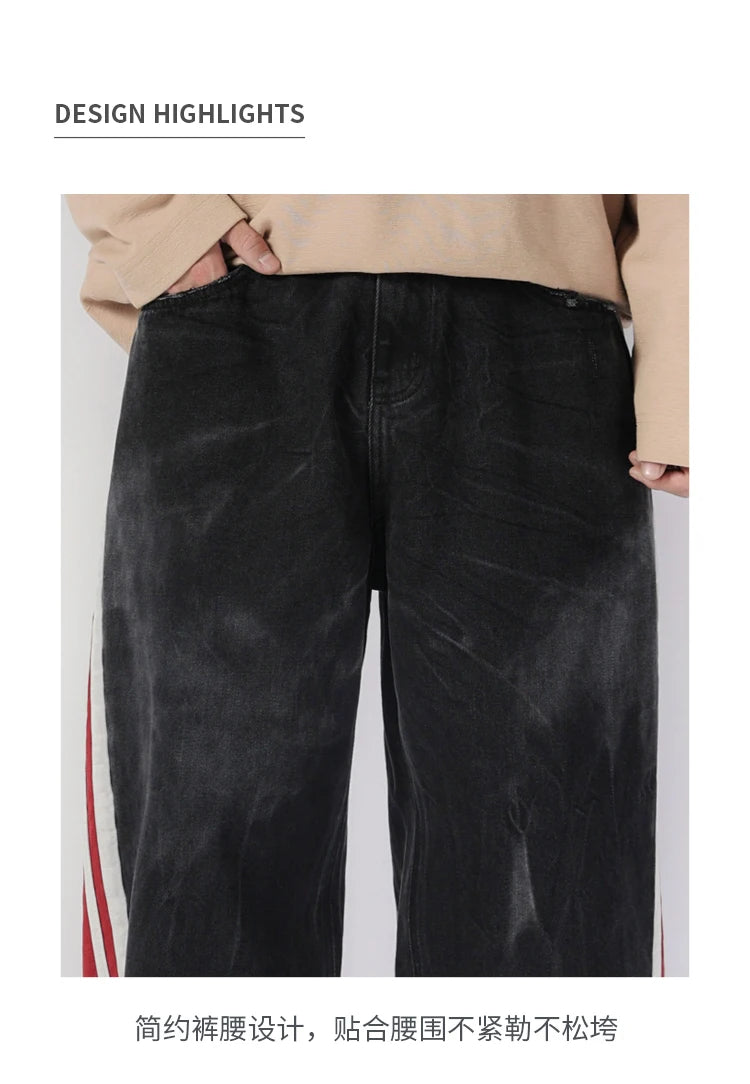 men streetwear fashion side splice hip hop loose casual wide leg straight baggy jeans pant cityboy jeans pants trousers unique jeans style 2502