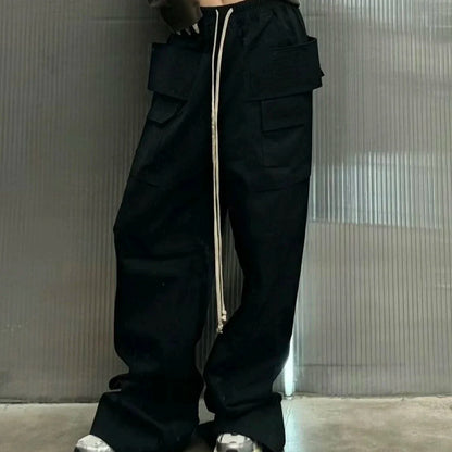 Ro Style Double Pockets Drawstring Wide Leg Cargo Pants for Men and Women Straight Black Baggy Trousers Oversized Street King Limited