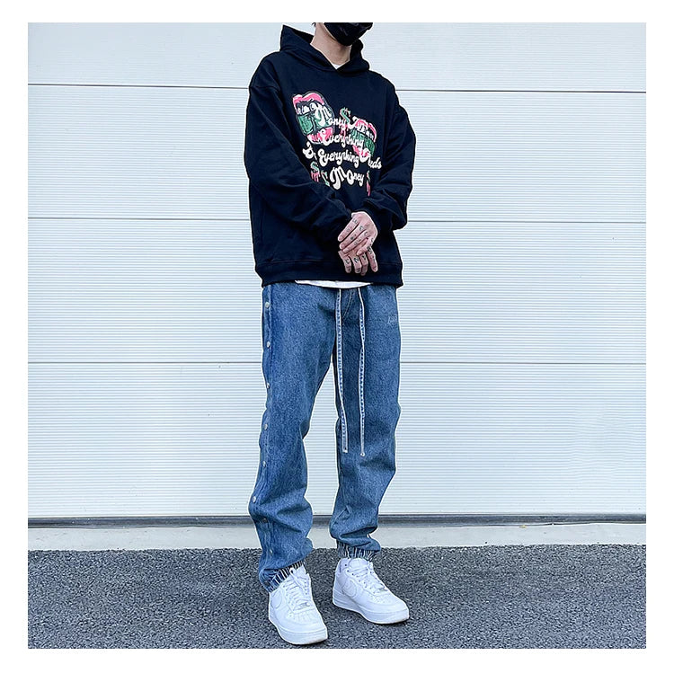 washed distressed denim sweatpant cashew flower patchwork oversized splice buckle jogging jeans casual button baggy men clothing unique joggers style 3352