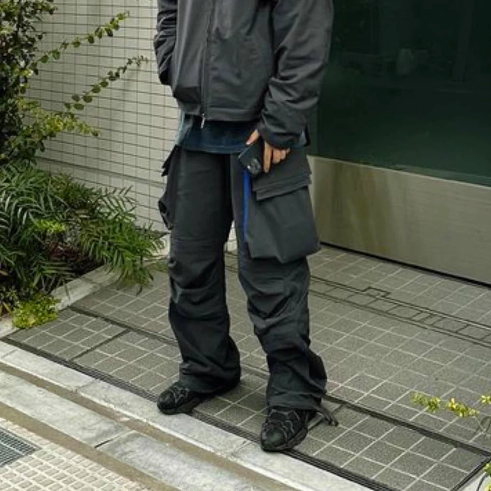 y2k blue zipper multi pocekts baggy cargo pants for men straight pantalones hombre casual trousers oversized hip hop overalls combat utility trousers