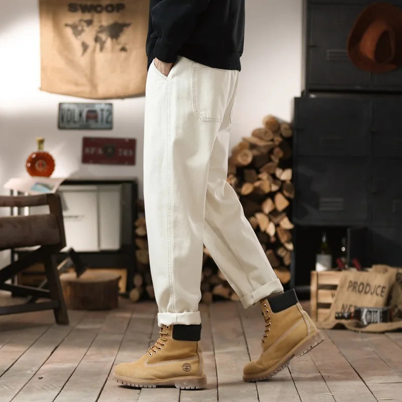 plus size 28 42 men streetwear fashion loose casual straight ankle length white denim jeans pant cityboy harem jeans trouser stacked flare jeans