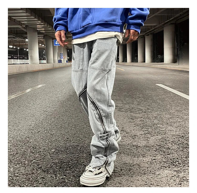 fashion denim straight pants hip hop jeans with zipper streetwear trousers new summer casual joggers men designer jeans for men unique joggers style 142