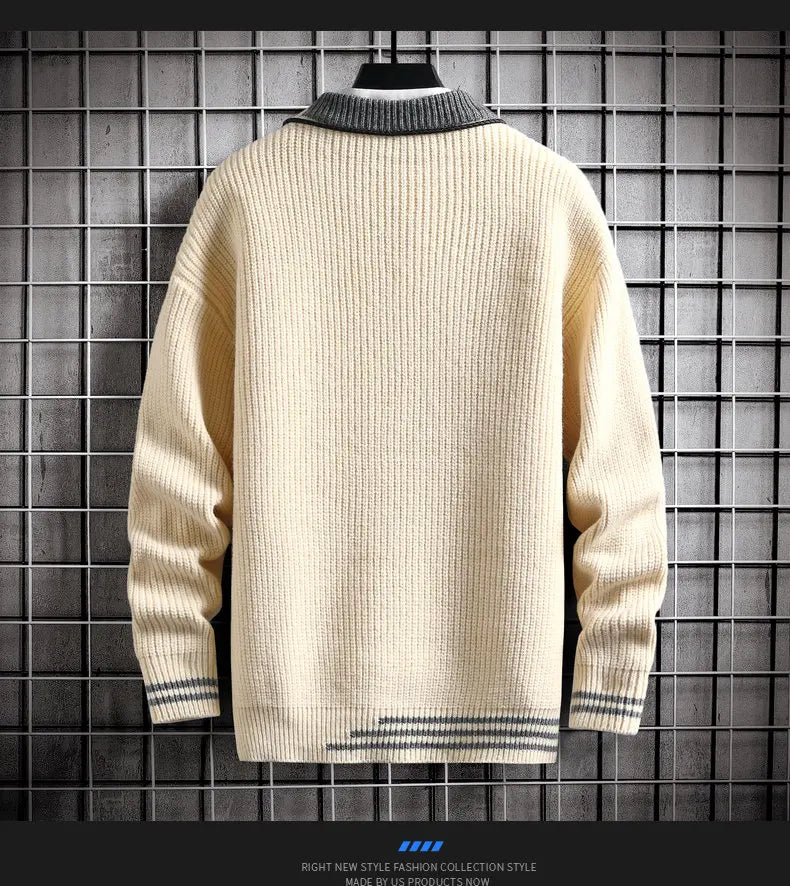 Autumn Winter Men Sweater Warm Top New Fashion Stitching Color Matching Pullover Round Neck Sweater Thickened Knitted Sweater Street King Limited