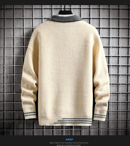 Autumn Winter Men Sweater Warm Top New Fashion Stitching Color Matching Pullover Round Neck Sweater Thickened Knitted Sweater Street King Limited