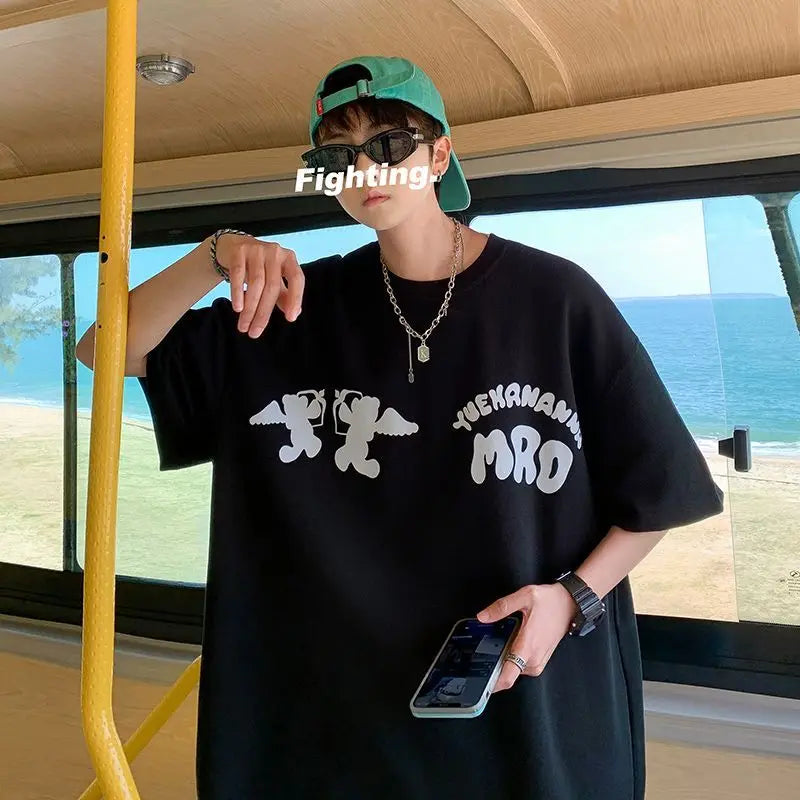 Korean street hip hop y2k printed men's T-shirt trendy brand Japanese retro loose Harajuku round neck sports half sleeved top Street King Limited