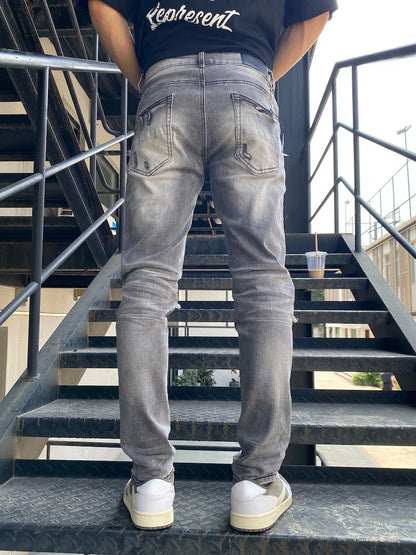 knee holes patckwork skinny denim jeans mens casual button fly slim biker trousers fashion streetwear hip hop jean pants joggers urban active pants