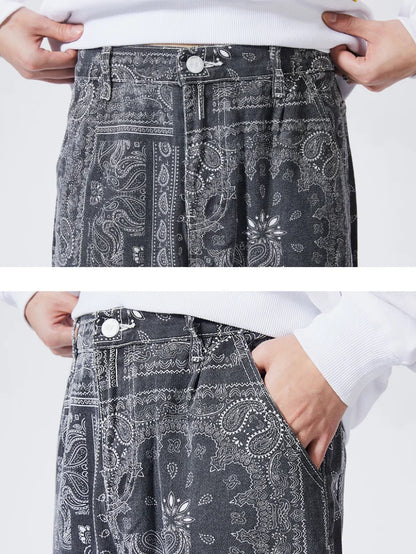 mens hip hop straight denim jeans pants fashion zipper paisley jeans streetwear casual loose trousers pants joggers baggy jeans unique joggers style 1791