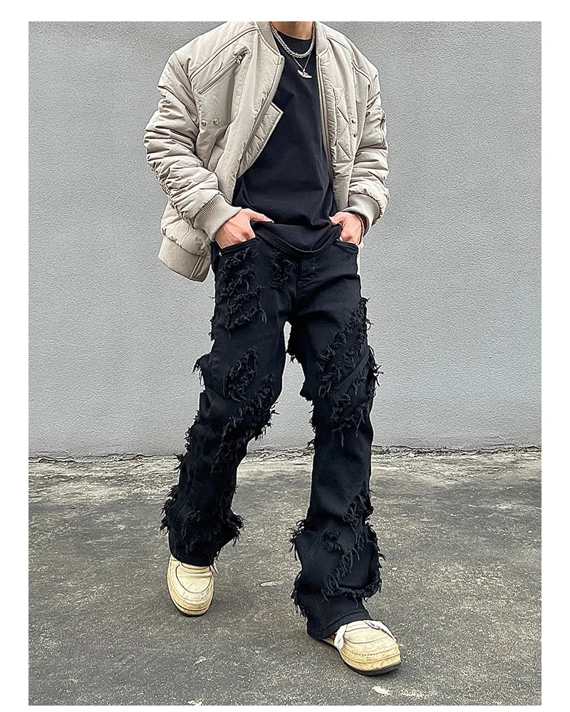 mens distressed ripped destroied tassel denim jean pants new fashion biker jeans streetwear flare pants joggers y2k men s jeans unique joggers style 2980