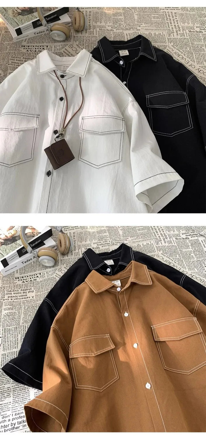 Retro trendy and personalized unisex style short sleeved men and women summer Korean street loose lapel couple work top y2k Street King Limited