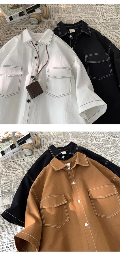 Retro trendy and personalized unisex style short sleeved men and women summer Korean street loose lapel couple work top y2k Street King Limited