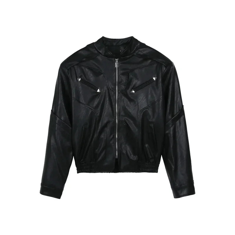 short pu leather jacket men shoulder pad stand collar trend bomber outwear 2023 korean streetwear zipper unisex motorcycle coat unique shorts style 2331