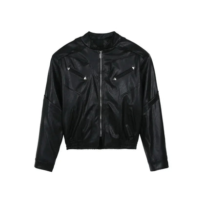 short pu leather jacket men shoulder pad stand collar trend bomber outwear 2023 korean streetwear zipper unisex motorcycle coat unique shorts style 2331