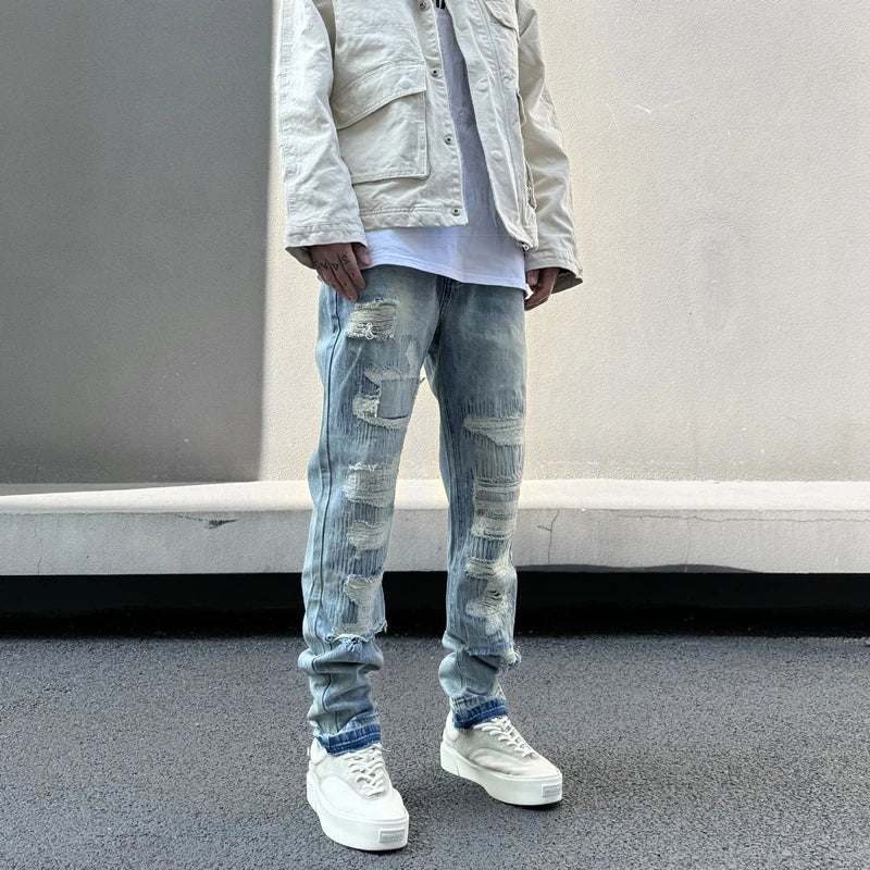 mens high street denim jean pants new casual blue slim ripped holes straight zipper jeans trousers hip hop streetwear joggers unique joggers style 5234