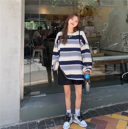Women T shirts Striped Sweatshirt Thin tops 2024 Spring Women's Clothing Korean Fashion Couples Long Sleeve Teed y2k Pullovers Street King Limited