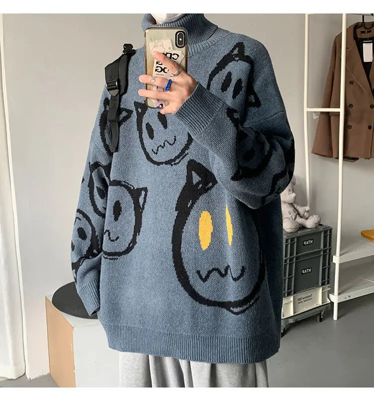 Korean literature art turtleneck sweater men autumn winter lazy style knitted sweater cartoon devil print wool clothes pullovers Street King Limited