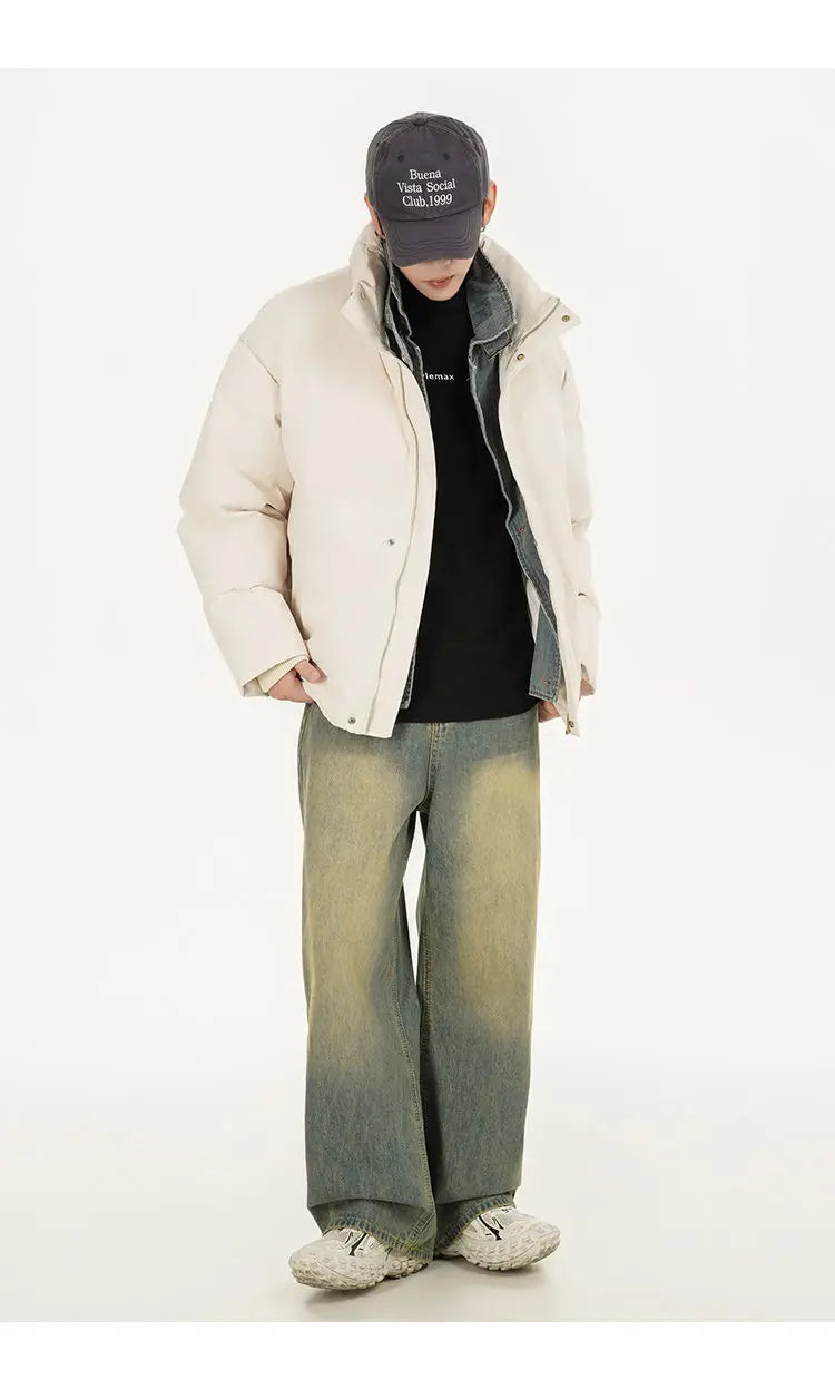 Winter Splice Denim Cotton-padded Jacket Men Women Stand Collar Fashion Loose Casual Thicken Warm Parkas Jacket Boyfriend Coat Street King Limited