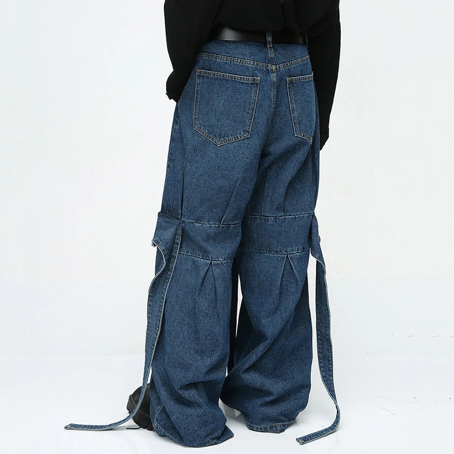 men fashion baggy jeans irregular patchwork loose straight denim pants 2023 new man blue casual oversized jeans trouser stacked flare jeans