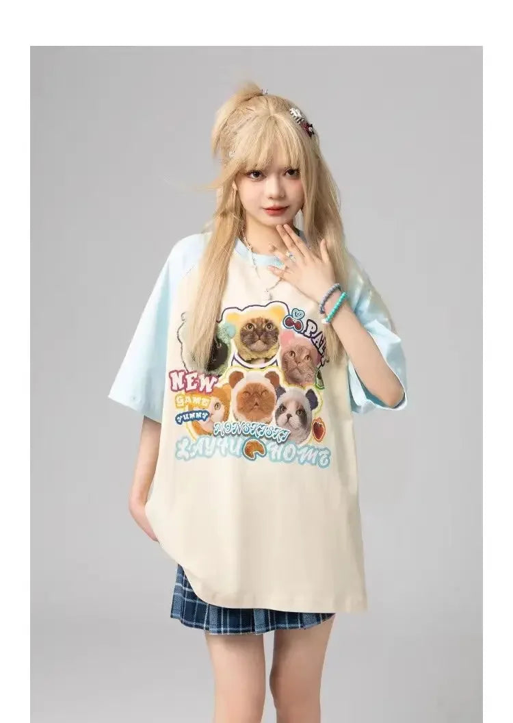 Cat t-shirt women printed raglan sleeves loose casual round neck cute couple half-sleeves y2k top women clothes harajuku kawaii Street King Limited