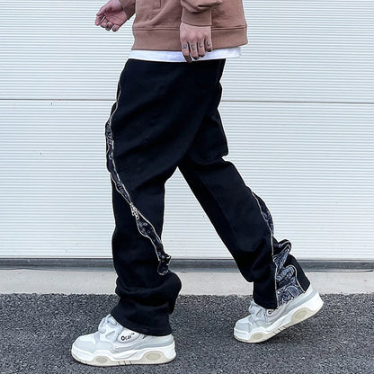 Curve Zipper Cashew Print Patchwork Jeans for Men Straight Black White Y2K Streetwear Casual Baggy Denim Trousers Oversized Street King Limited