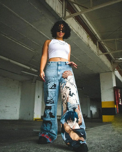 harajuku many ghost faces print y2k men s jeans popular anime baggy jeans wide leg pants streetwear trouser men clothing unique jeans style 4481