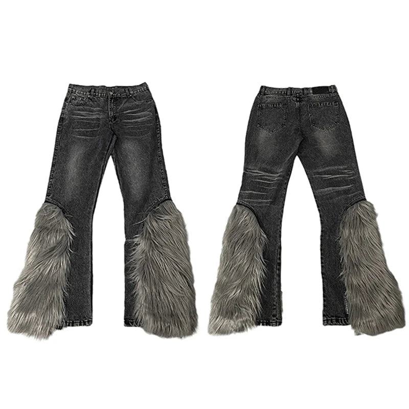 harajuku denim straight jeans men trousers high street zipper detachable fur bottom streetwear casual loose joggers jean pants unique joggers style 2958