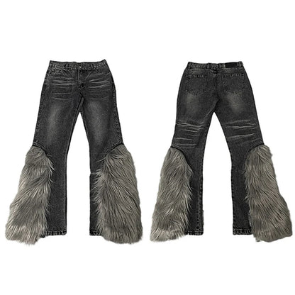 harajuku denim straight jeans men trousers high street zipper detachable fur bottom streetwear casual loose joggers jean pants unique joggers style 2958