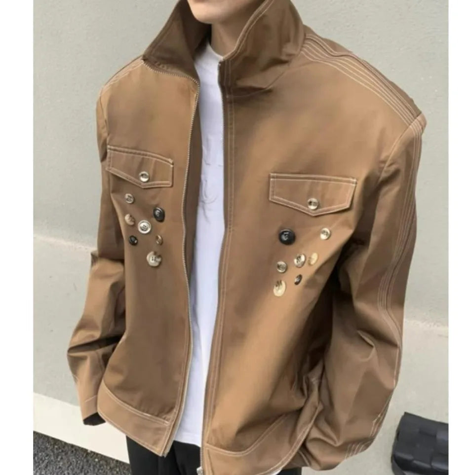 spring retro irregular button mens jacket shoulder pad design trend high street coats motorcycle fashion stand collar outwear unique default style 3856
