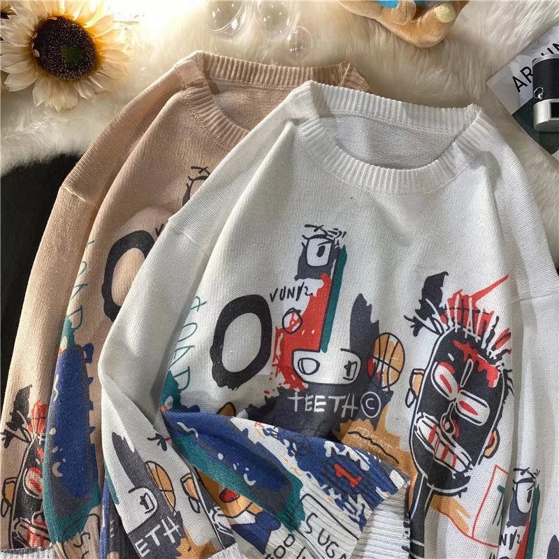 Rainbowtouches Men Sweaters High Street Graffiti Crew Neck Trendy Vintage Knitted Sweater Spring And Autumn Mens Clothing Street King Limited