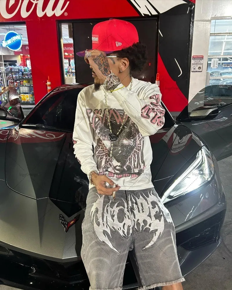American Street Hip-hop Oversized Pullover Punk Goth Pattern Printed Long-sleeved Top Men Harajuku Trendy Brand Clothing Casual Street King Limited