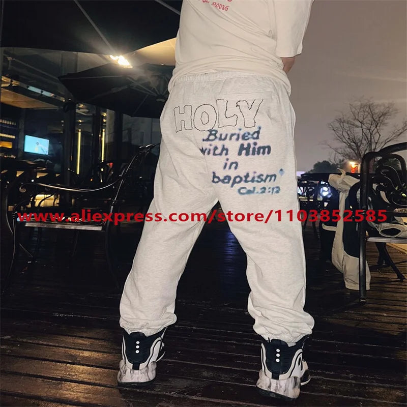 2024 autumn winter vintage casual sports pants mens letter illustration printed loose drawstring leg strap high street hip hop minimalist street pants