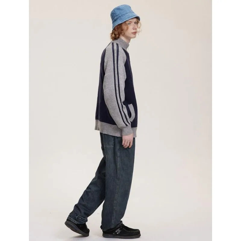 2023 College Vintage Knit Cardigan Men Harajuku Letter Print Patchwork Sweater Casual Loose Zipper Pull Homme Spring Autumn Street King Limited