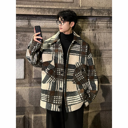 autumn winter campus boy plaid woolen coat men streetwear fashion loose casual retro thick jacket man bomber coat outerwear minimalist street pants