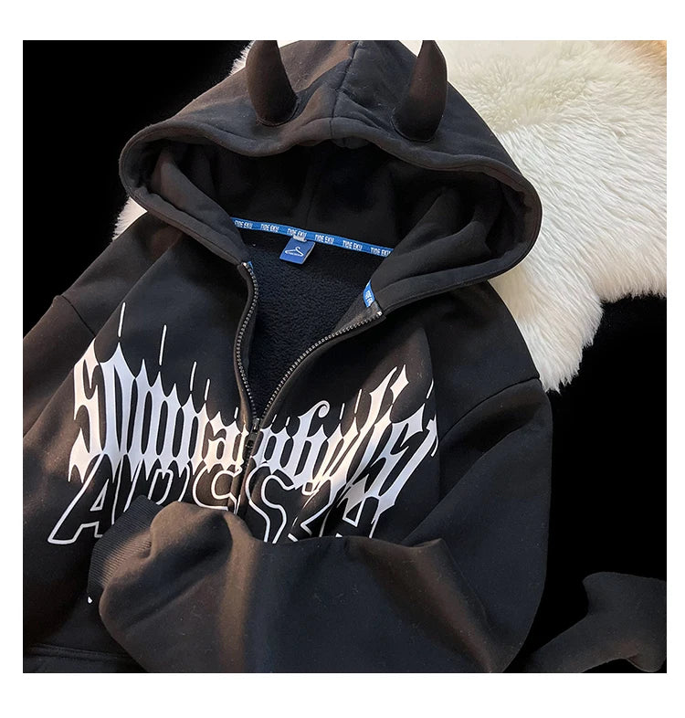 Y2K Kawaii Devil Horn Tail Hip Hop Badge Print Hoodies Cardigan Couples Street Loose Casual Zip Up Sweatshirt Harajuku Clothes Street King Limited