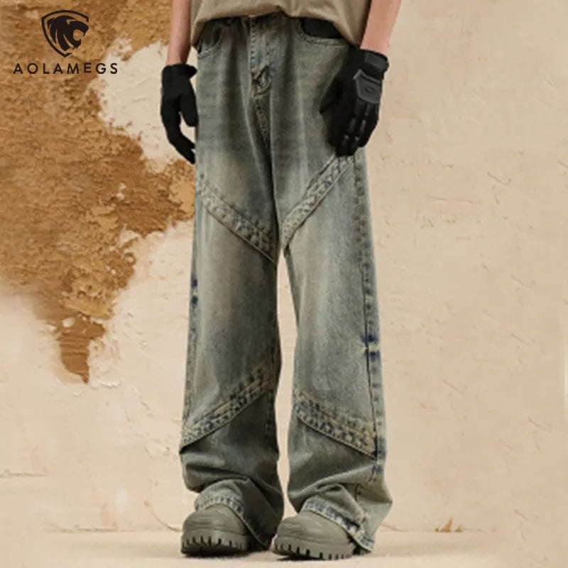 Men Jeans Splicing Washed Distressed Denim Trousers Fashion Vintage Streetwear High Street Loose Straight Wide Leg Casual Pants Street King Limited