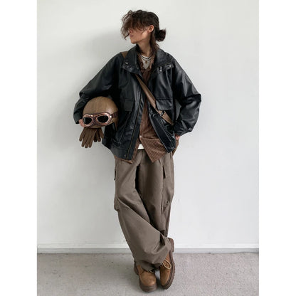 japanese spring pu leather jacket mens high street black profile tooling pilot jacket loose standing collar motorcycle outwear minimalist street pants