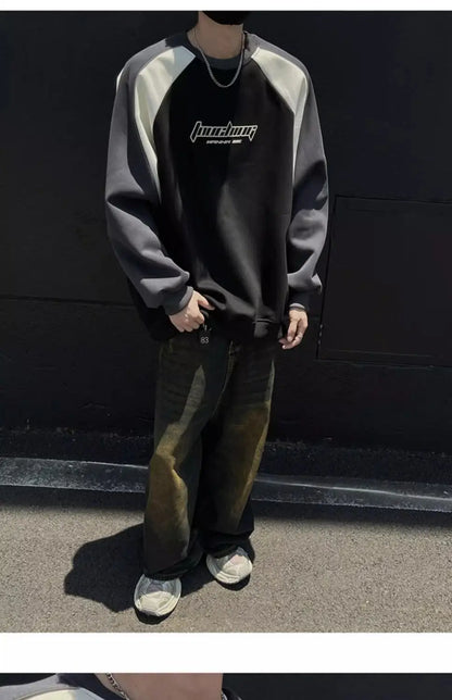 Trendy Personality Korean Motorcycle Style Round Neck Sweatshirt Men 2024 Spring Autumn Niche Contrasting Color Pullover Hot Top Street King Limited