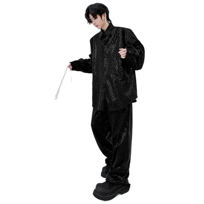 mens sequin 2 piece sets loose casual long sleeve shirt pant stage fashion party show clothing dress shirts trousers costumes relaxed fit trousers