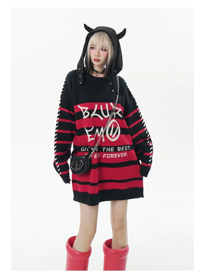 Men Striped Sweater Letter Graphic Loose Knitwear Jumper Pullover Sweaters Harajuku Hip Hop Streetwear Knitted Sweater Street King Limited