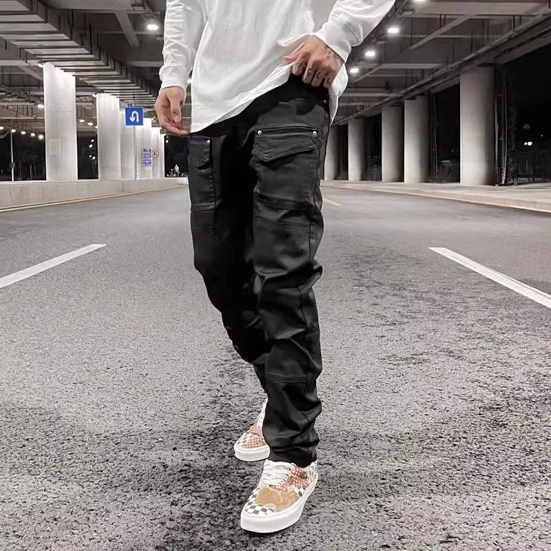 Y2k Front Pocket Wax Pu Leather Pants for Men Straight Slim Casual Overall Ropa Hombre High Street Loose Cargos Oversized Street King Limited