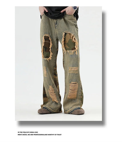 hip hop camouflage ripped patchwork denim pants for men y2k vintage streetwear wide leg jean 2025 new distressed baggy jeans unique jeans style 316