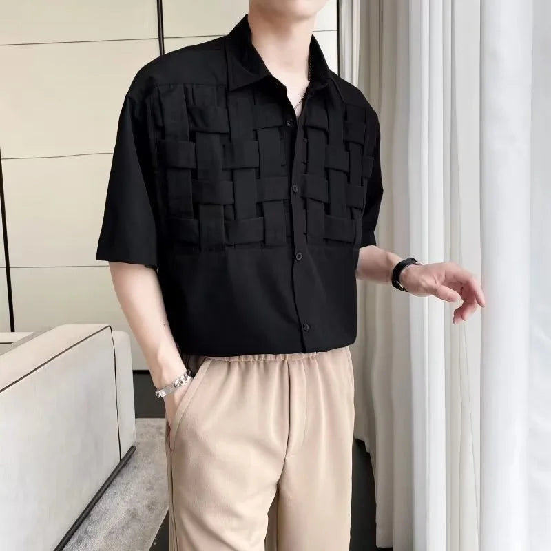 Streetwear Summer High Street Knitting Short Sleeve Mens Shirts Luxury Social Sol Summer High Street Knitting Short Sleeve Mens Shirts Luxury Social Solid Shirt Korean Fashion Y2K Clothes Camisas De Hombre Fashion Sweater Jacket With Graphic Design For Men