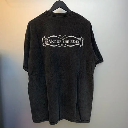 2024ss Sheep Lion Head Printing T Shirt Michael Men Woman Good Quality Vintage Wash Black O-Neck Loose Casual Tops Tee Street King Limited