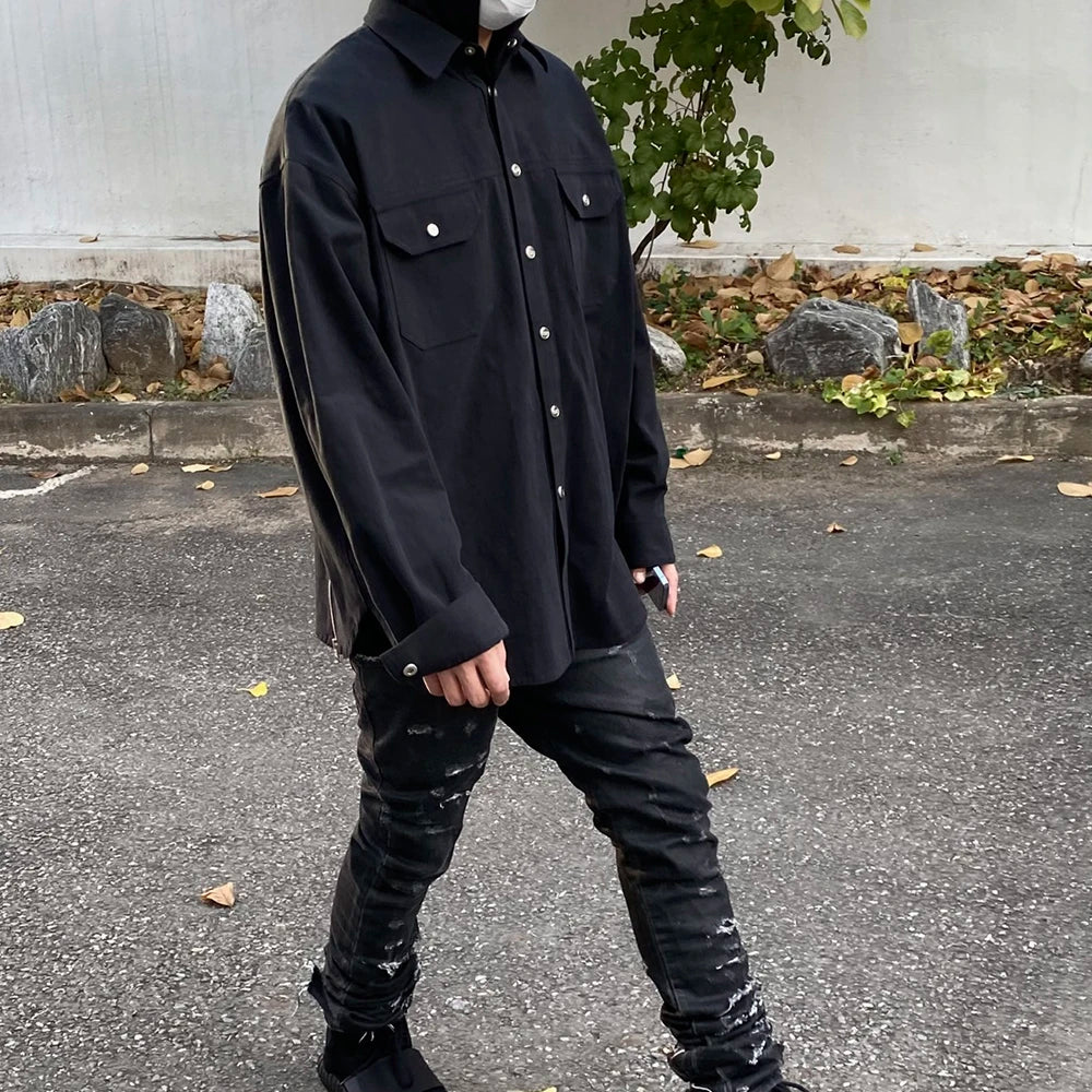Back Zipper Vibe Style Black Long Sleeve Shirts Jackets for Men Streetwear Y2k Baggy Ropa Hombre Camisas Oversized Loose Coat Street King Limited