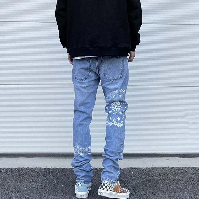 mens high street paisley print denim jeans casual hip hop distressed jeans slim fit skinny denim pants joggers streetwear men unique joggers style 259