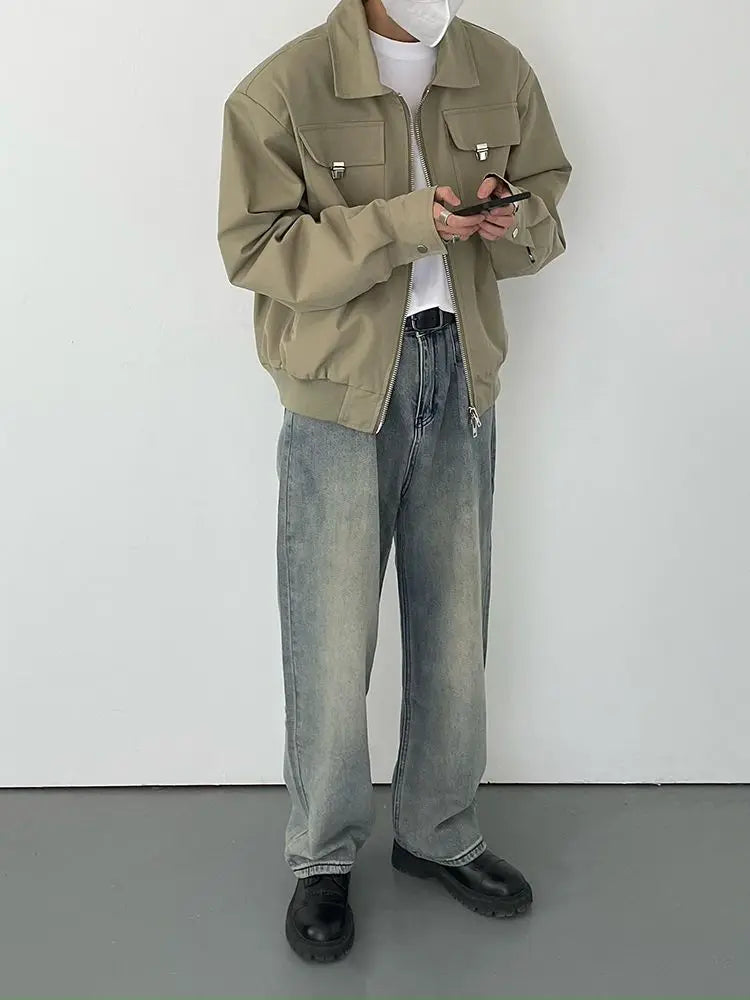 Autumn and Winter Korean Style Season Fashionable Retro Airplane Jacket Men's Loose Street Y2K Niche Shoulder Pad Lapel Jacket Street King Limited