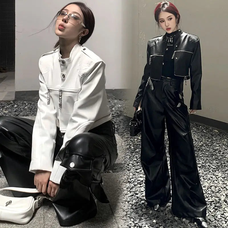 european and american heavy industry multi zipper design spider web shoulder pad leather jacket for women 2024 new jacket top unique default style 1567