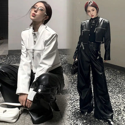 european and american heavy industry multi zipper design spider web shoulder pad leather jacket for women 2024 new jacket top unique default style 1567