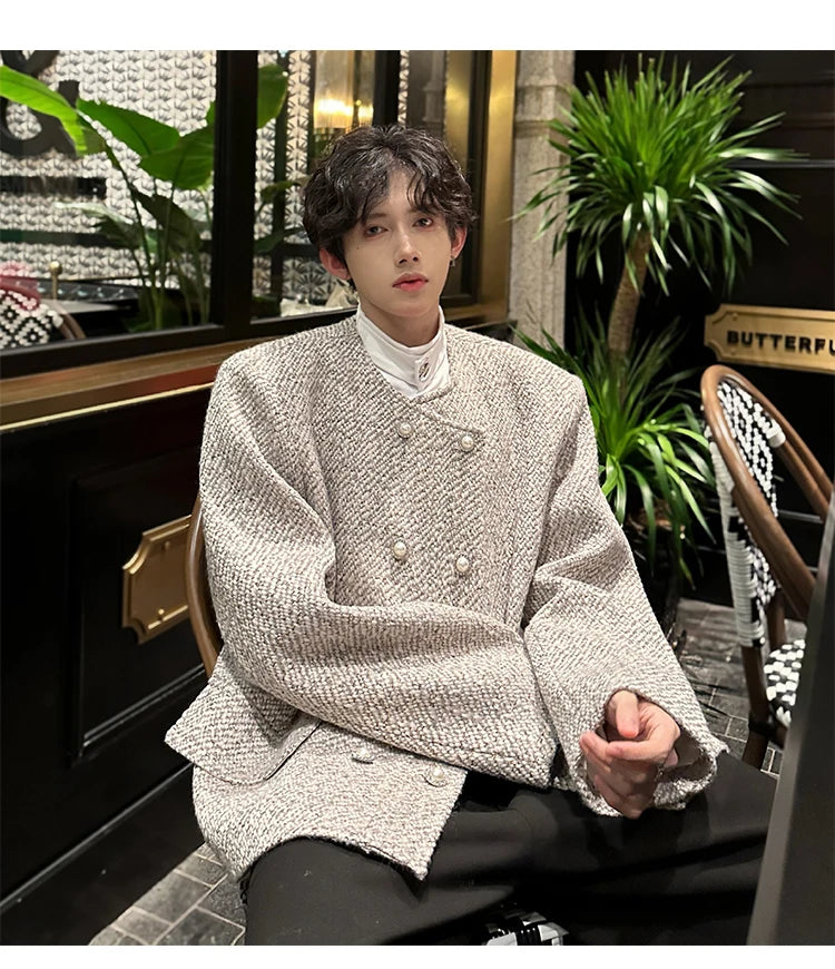 men double breasted french retro loose casual woolen short jacket man korean streetwear show fashion coat autumn outerwear unique shorts style 1320