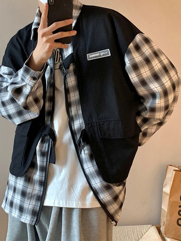 Streetwear New Fake Two Piece Zip Plaid Cargo Shirts Mens Japanese Streetwear Fas 2024 New Fake Two Piece Zip Plaid Cargo Shirts Mens Japanese Streetwear Fashion Social Shirt Autumn Long Sleeve Baggy Y2K Shirt Fashion Sweater Jacket With Graphic Design For Men